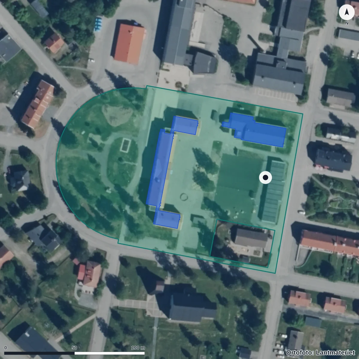 Flygbild över Granitens Förskola, ortofoto från Lantmäteriet