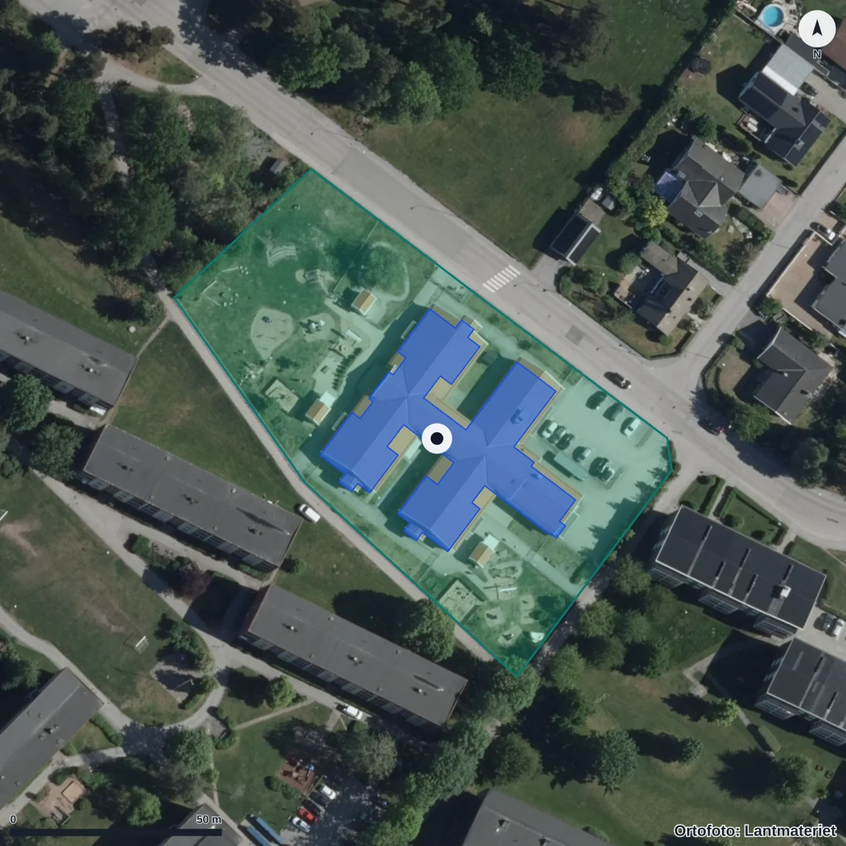 Flygbild över Förskolan Arabia, ortofoto från Lantmäteriet