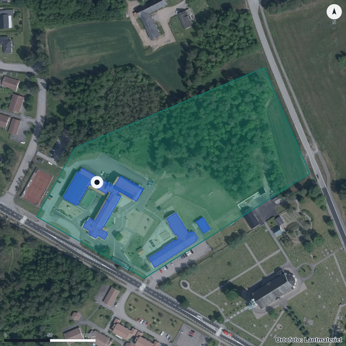 Flygbild över Torups Förskola, ortofoto från Lantmäteriet