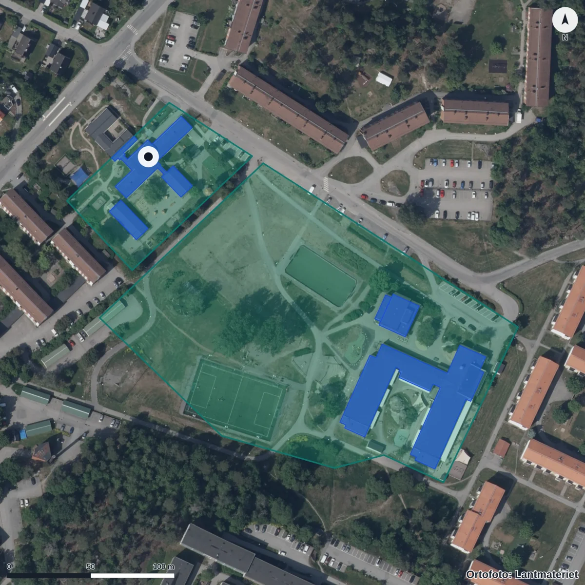 Flygbild över Lugnets Fsk, ortofoto från Lantmäteriet