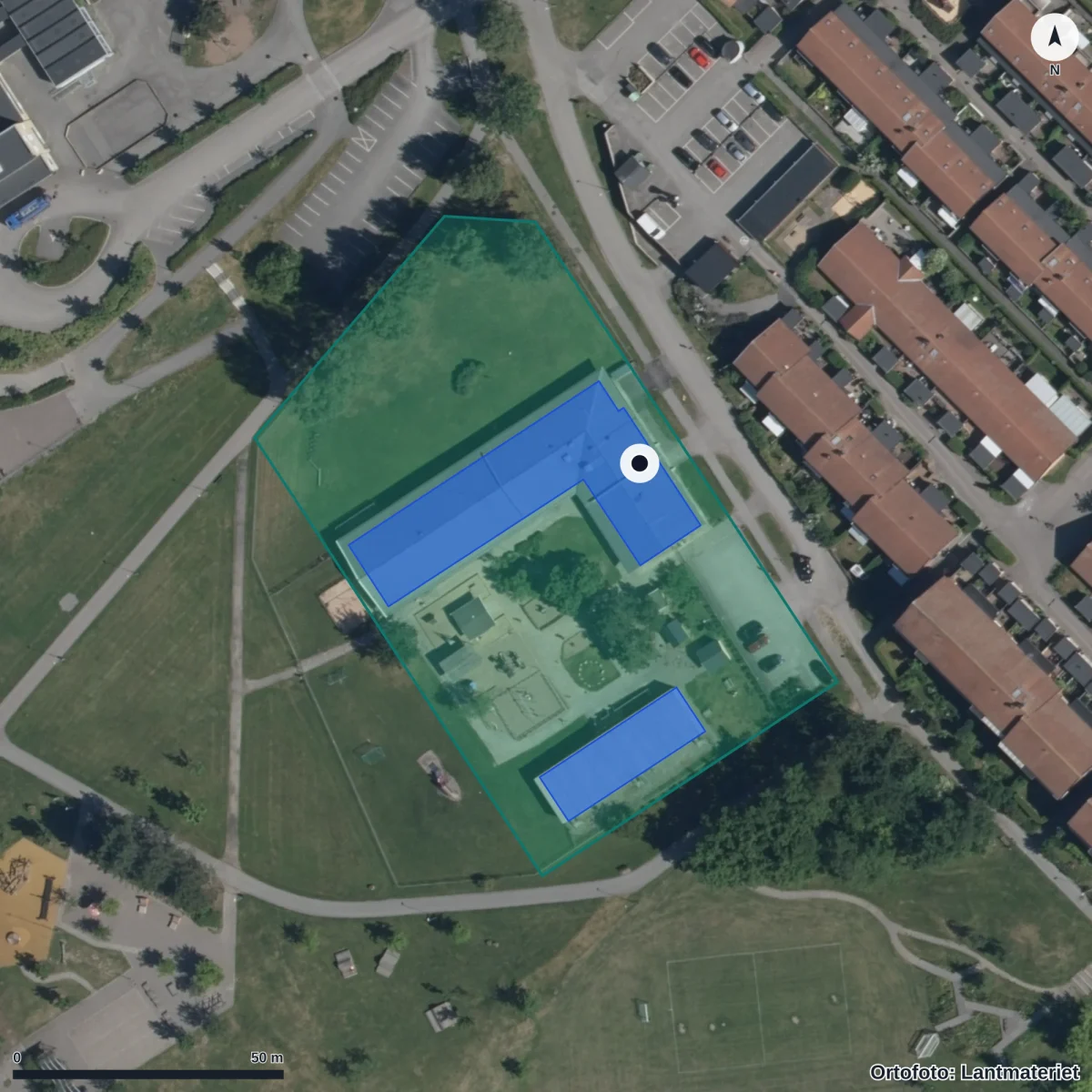 Flygbild över Igelkottens Förskola, ortofoto från Lantmäteriet