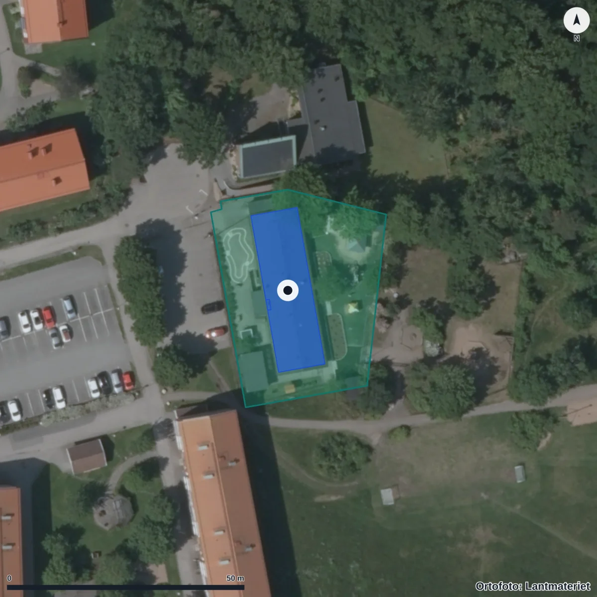 Flygbild över Brunnsbergs Förskola, ortofoto från Lantmäteriet