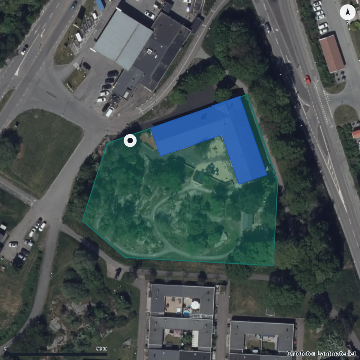 Flygbild över Skattegårdsvägen 100 Förskola, ortofoto från Lantmäteriet
