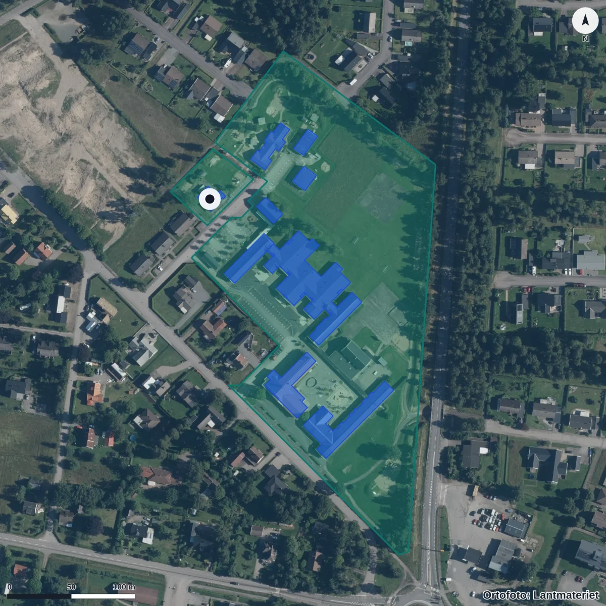 Flygbild över Bullerbyns Förskola, ortofoto från Lantmäteriet