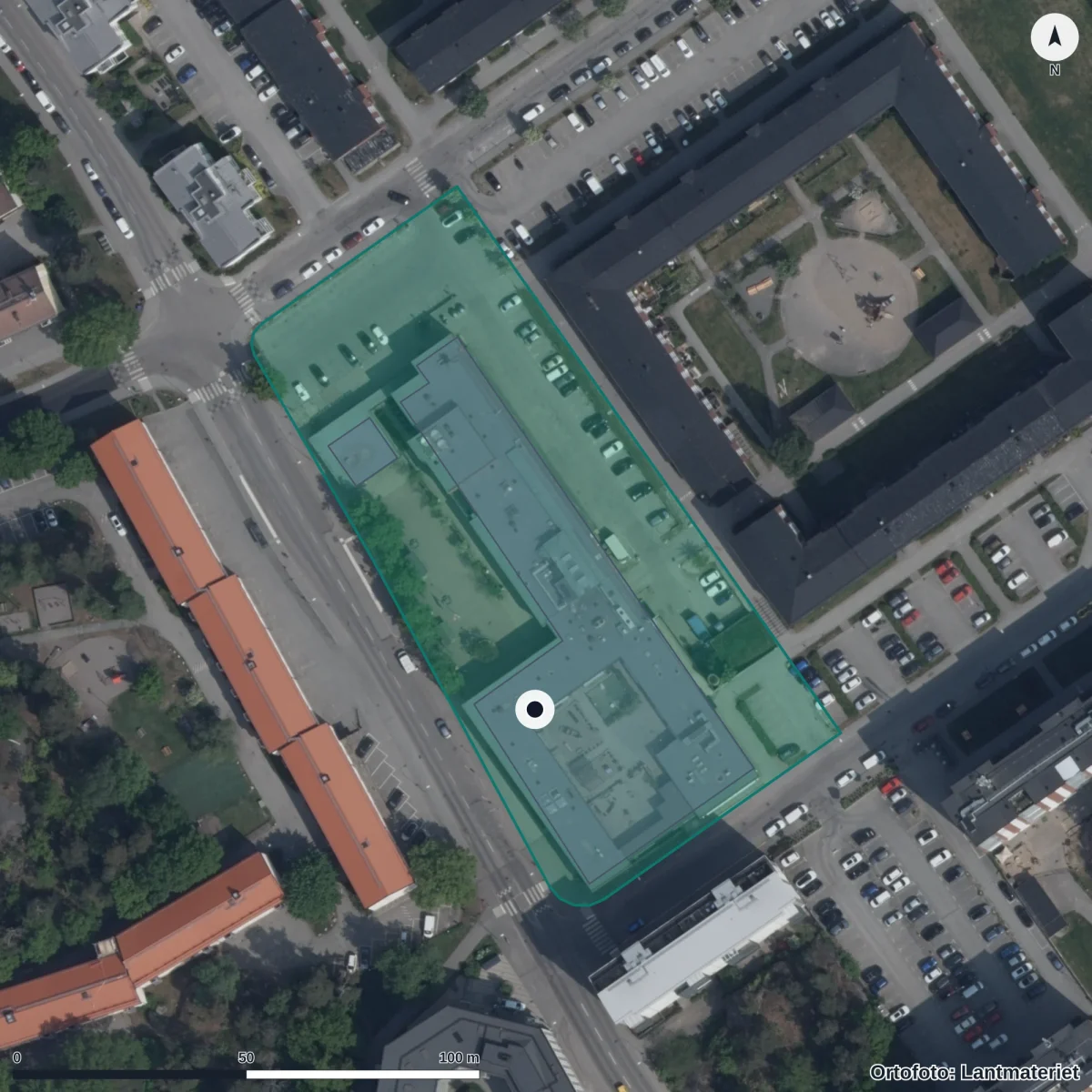 Flygbild över Förskolan Växthuset, ortofoto från Lantmäteriet