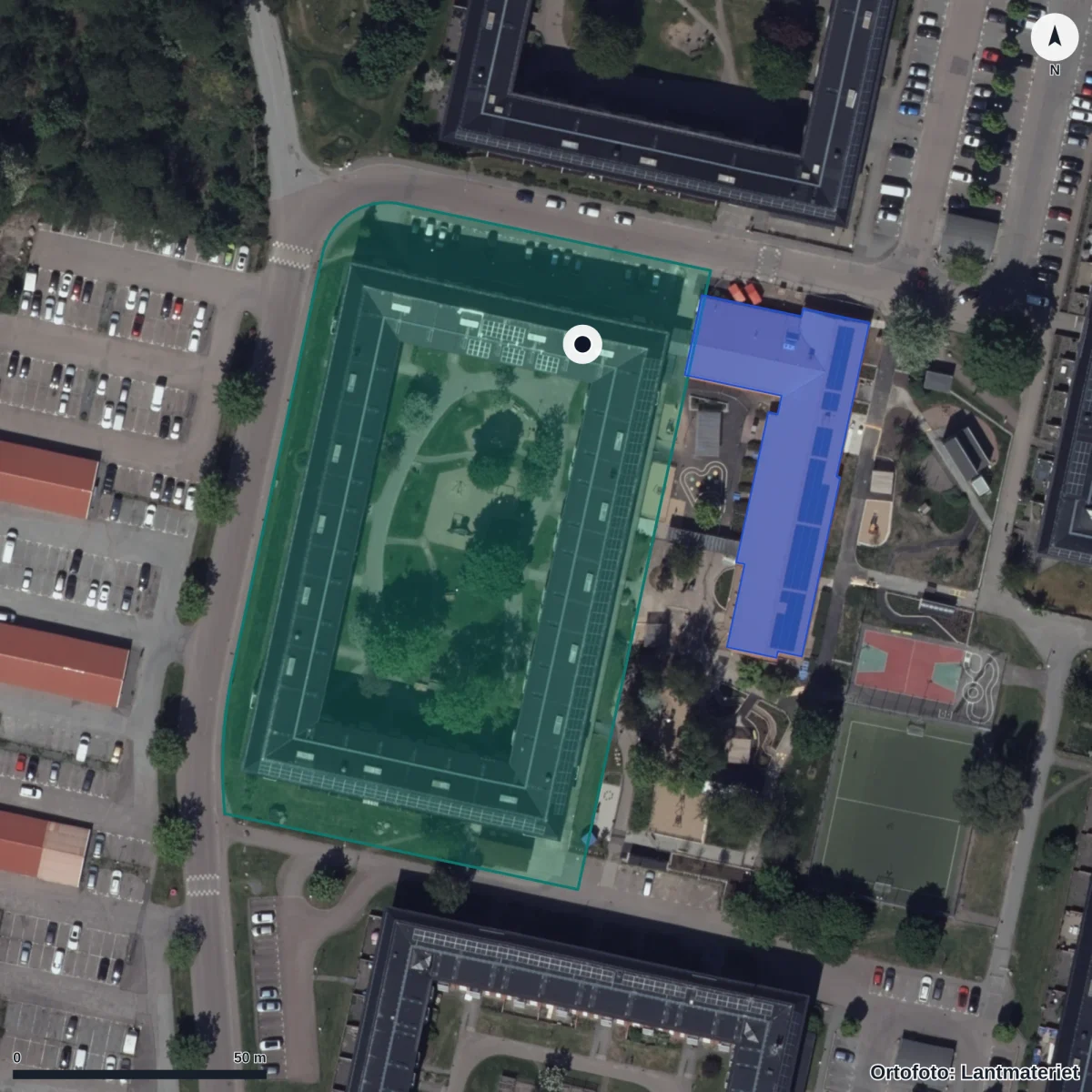 Flygbild över Dimvädersgatan 1-5 Förskola, ortofoto från Lantmäteriet