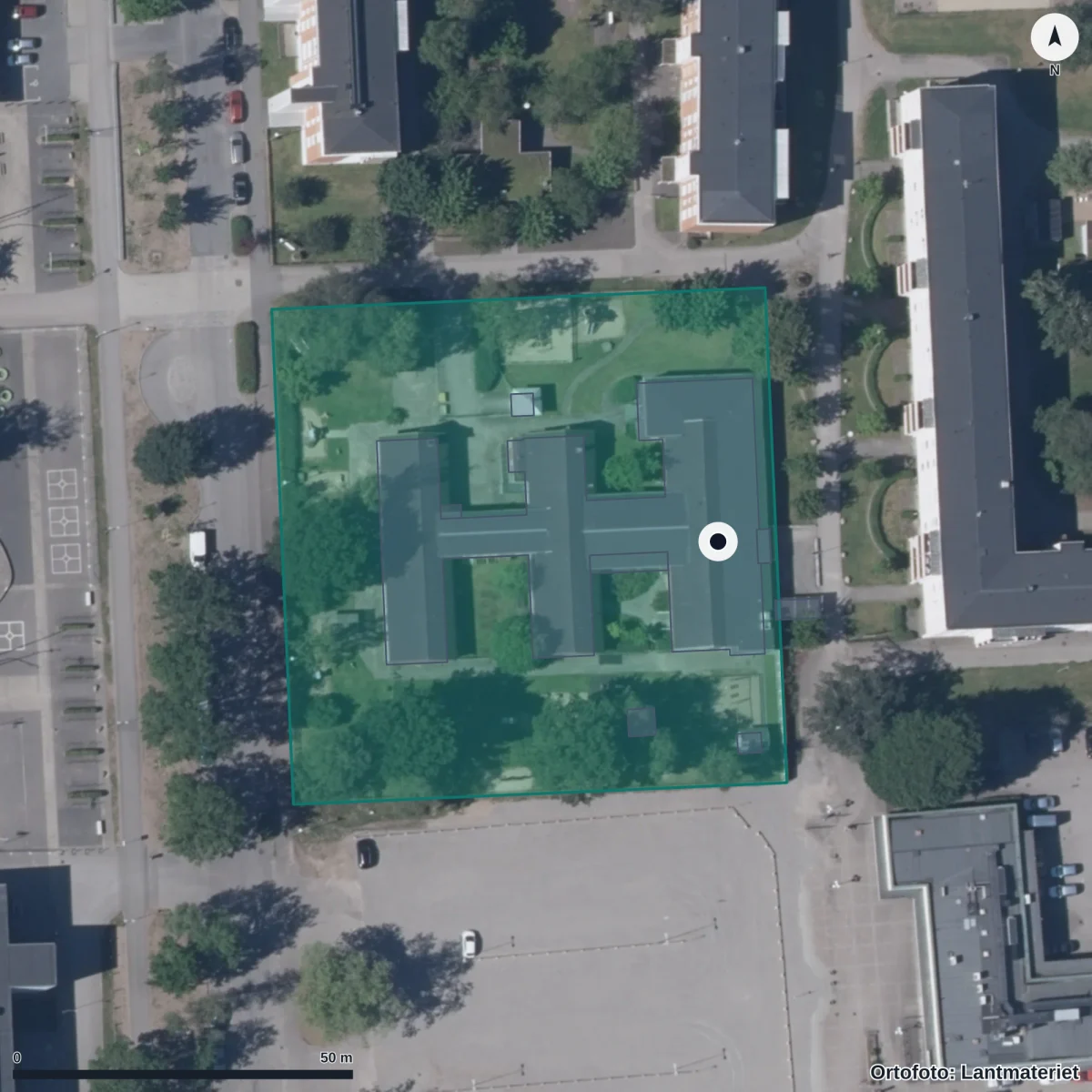 Flygbild över Förskolan Sigfridshemmet, ortofoto från Lantmäteriet