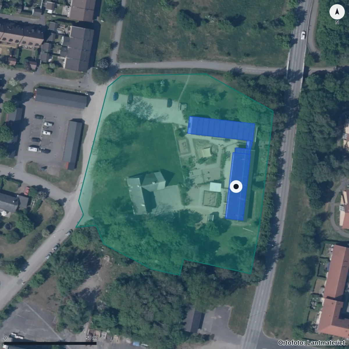Flygbild över Kattfotens Förskola, ortofoto från Lantmäteriet