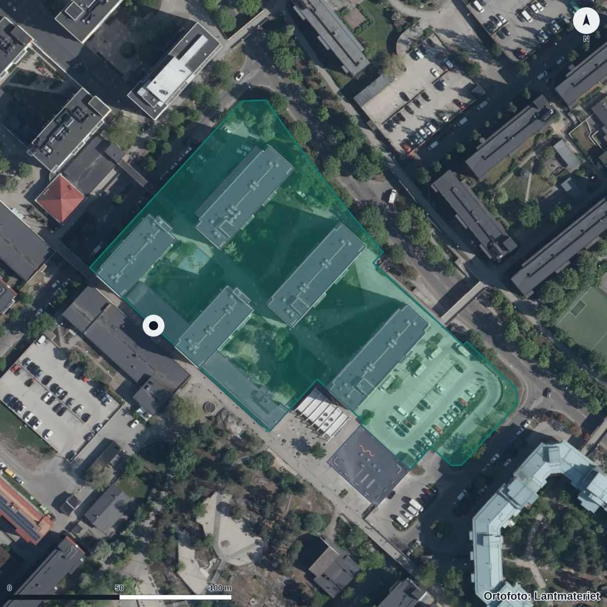 Flygbild över Förskolan Paletten, ortofoto från Lantmäteriet