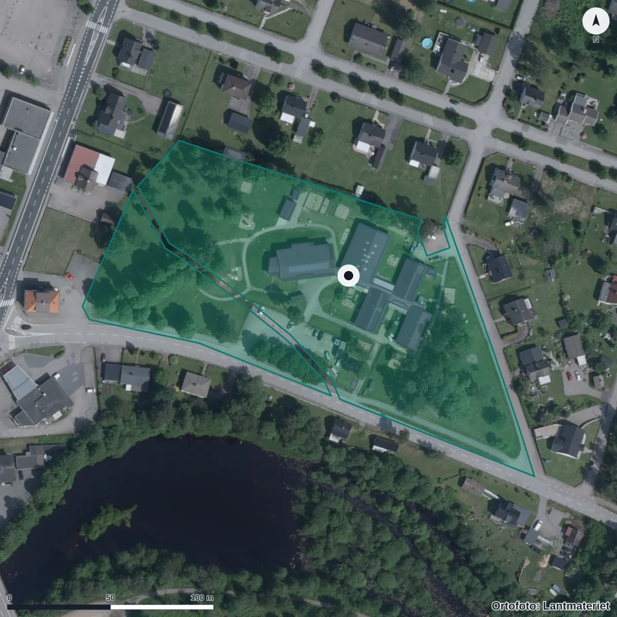 Flygbild över Sörgårdens Förskola, ortofoto från Lantmäteriet