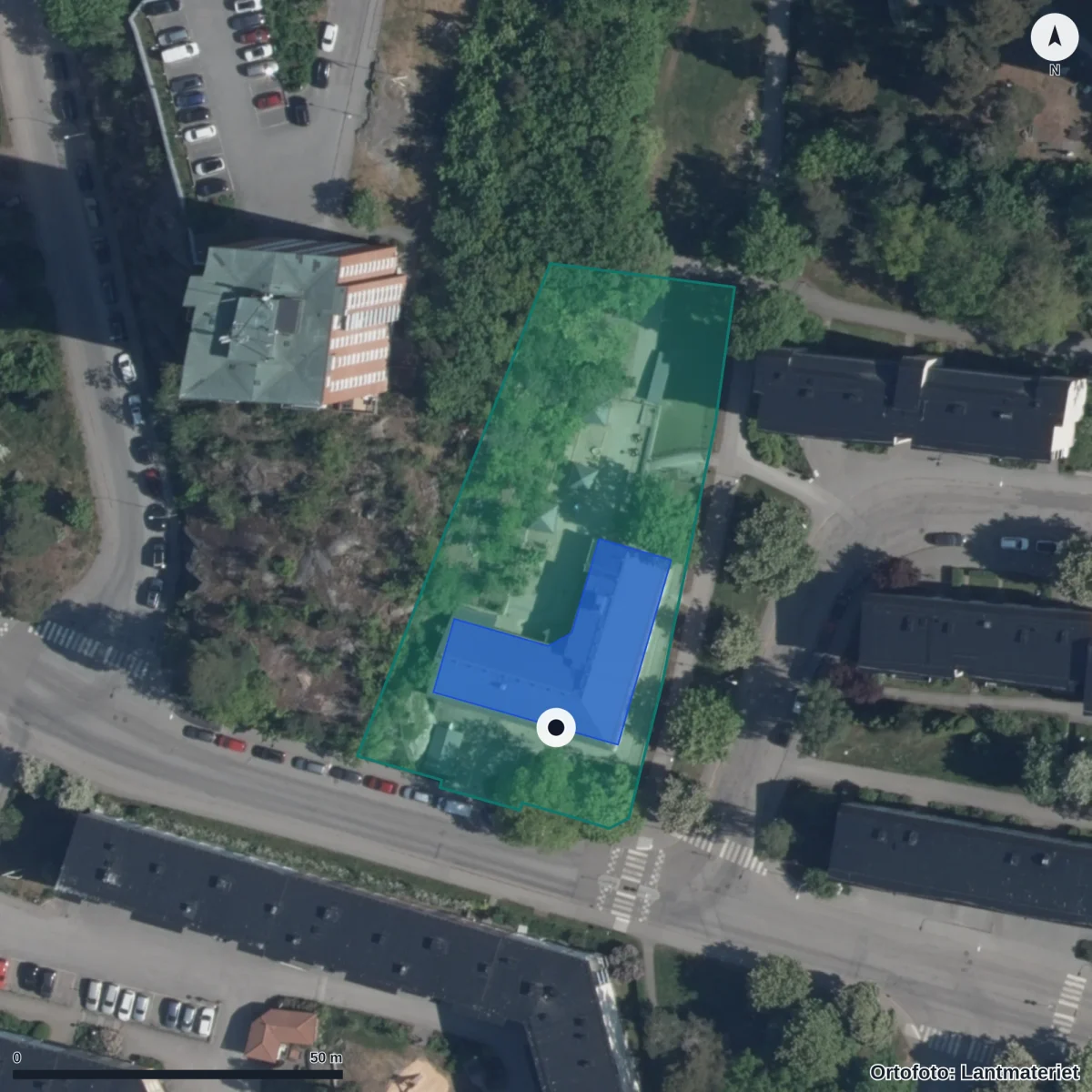 Flygbild över Förskolan Mirabell, ortofoto från Lantmäteriet