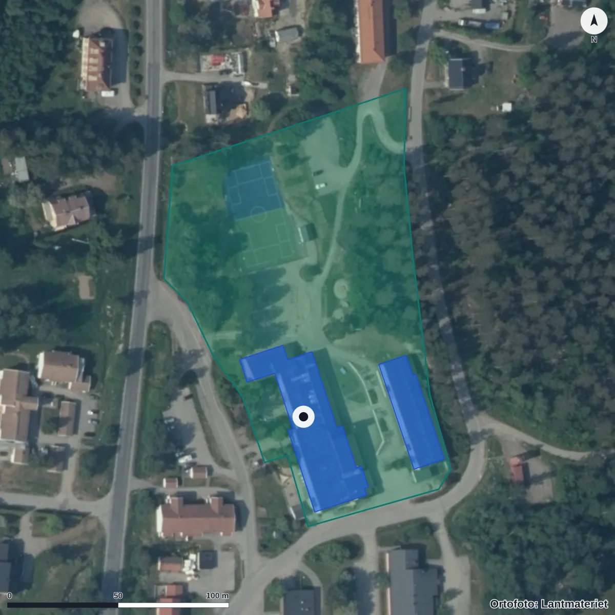 Flygbild över Lidens Förskola, ortofoto från Lantmäteriet