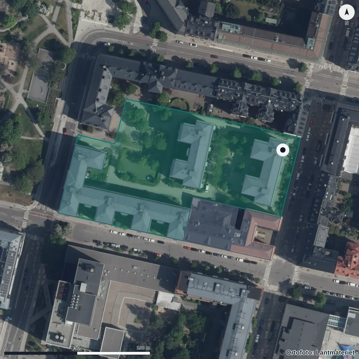 Flygbild över Förskolan Skorpan, ortofoto från Lantmäteriet