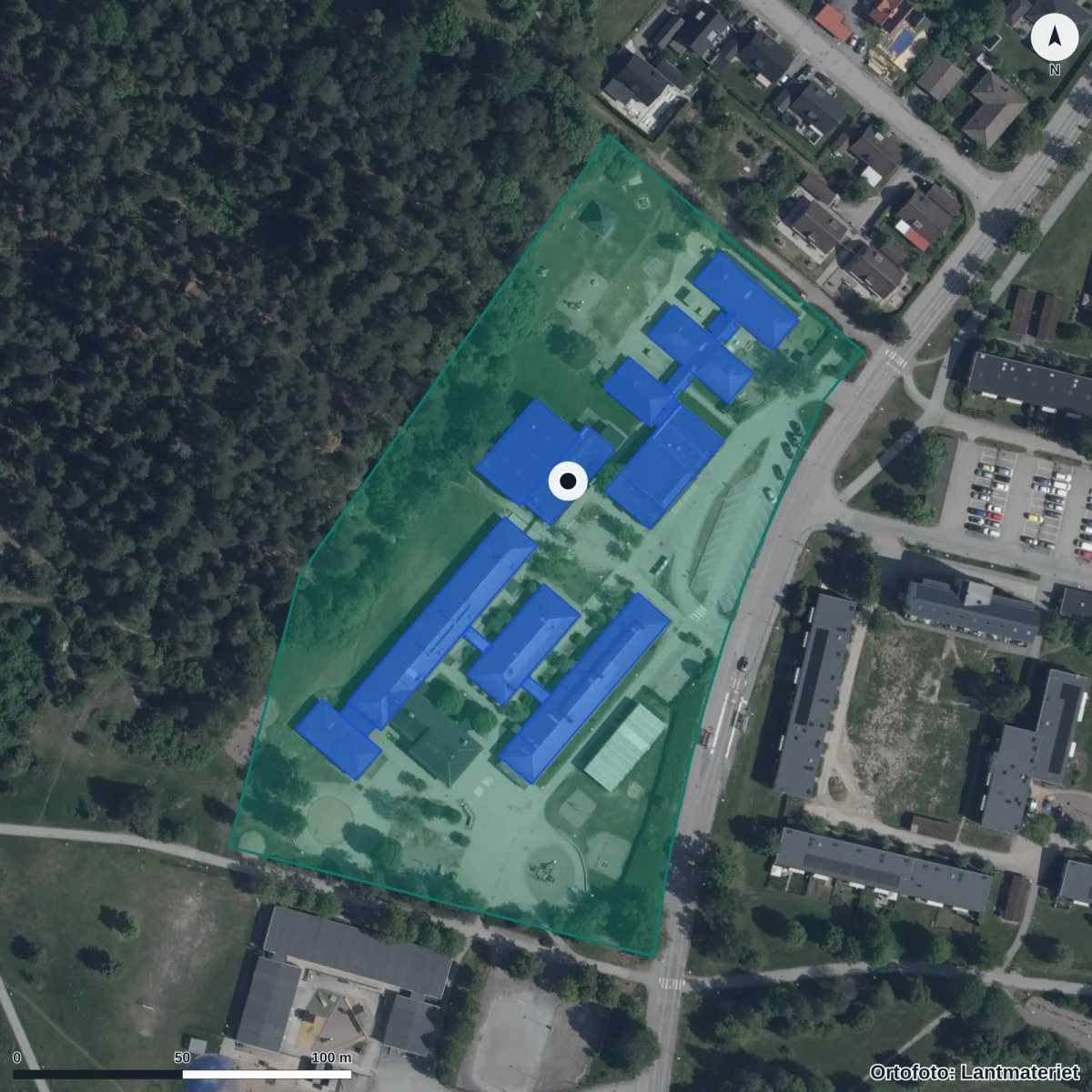 Flygbild över Norrbacka Förskola, ortofoto från Lantmäteriet