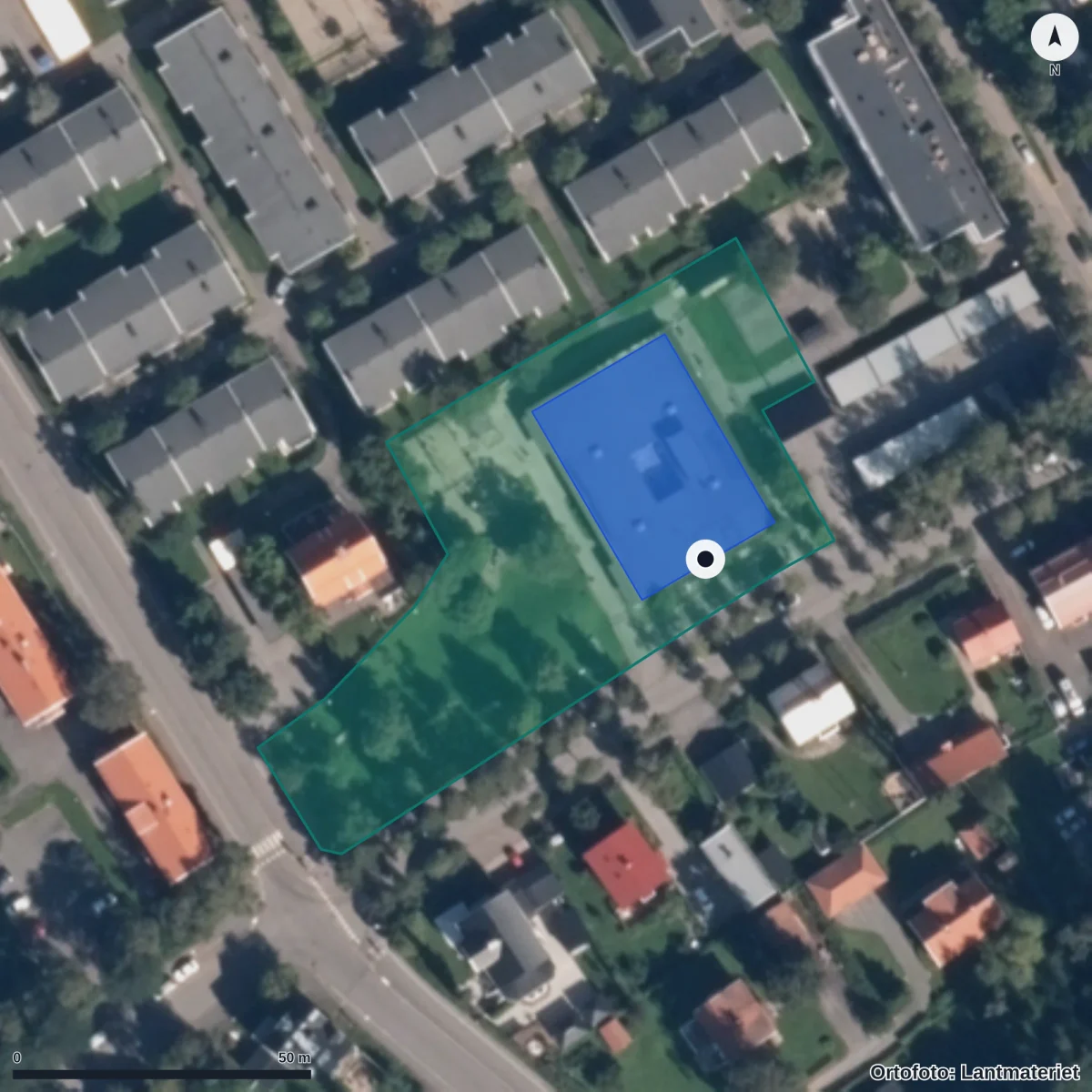 Flygbild över Asterns Förskola, ortofoto från Lantmäteriet