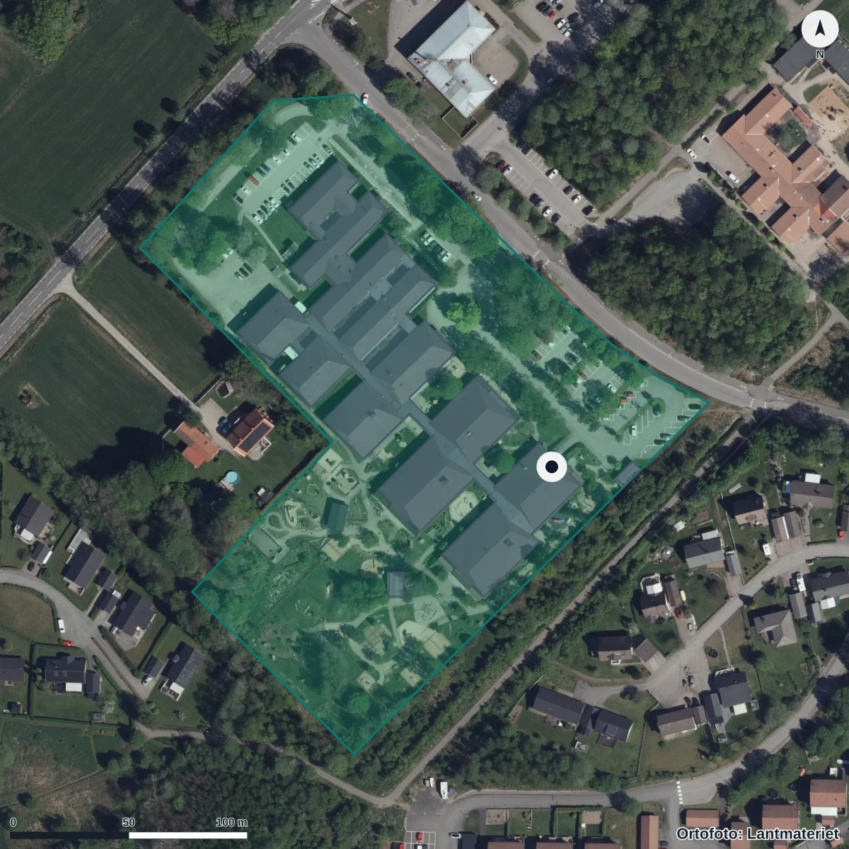 Flygbild över Dalsjögårdens Förskola, ortofoto från Lantmäteriet