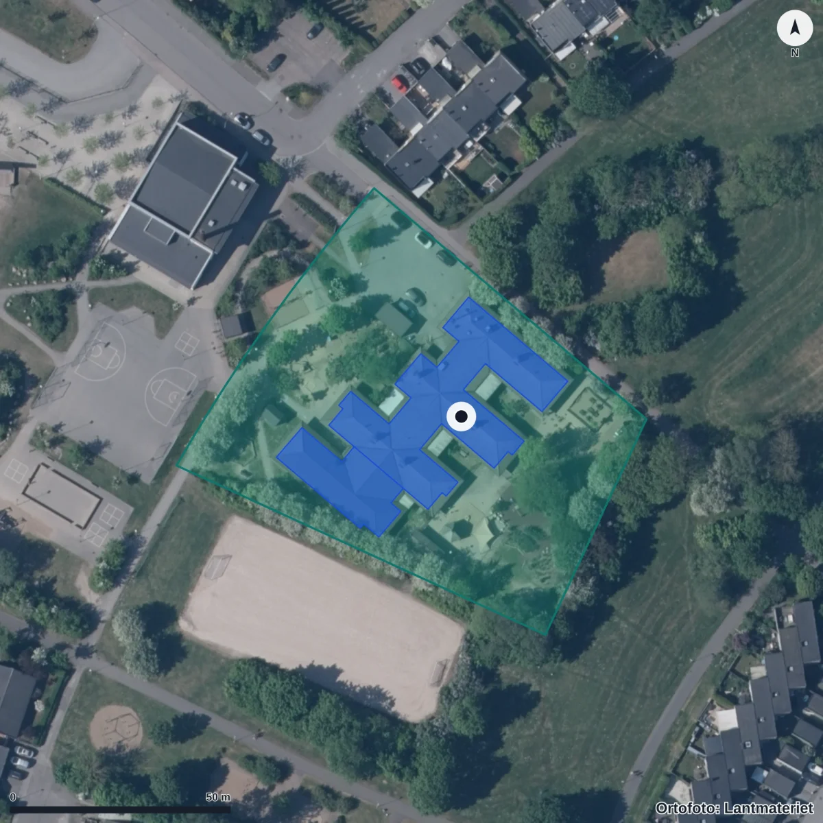 Flygbild över Hagens Förskola, ortofoto från Lantmäteriet