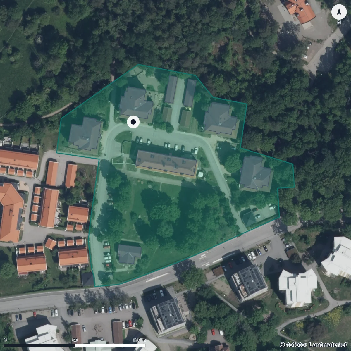 Flygbild över Bergabitens Förskola, ortofoto från Lantmäteriet