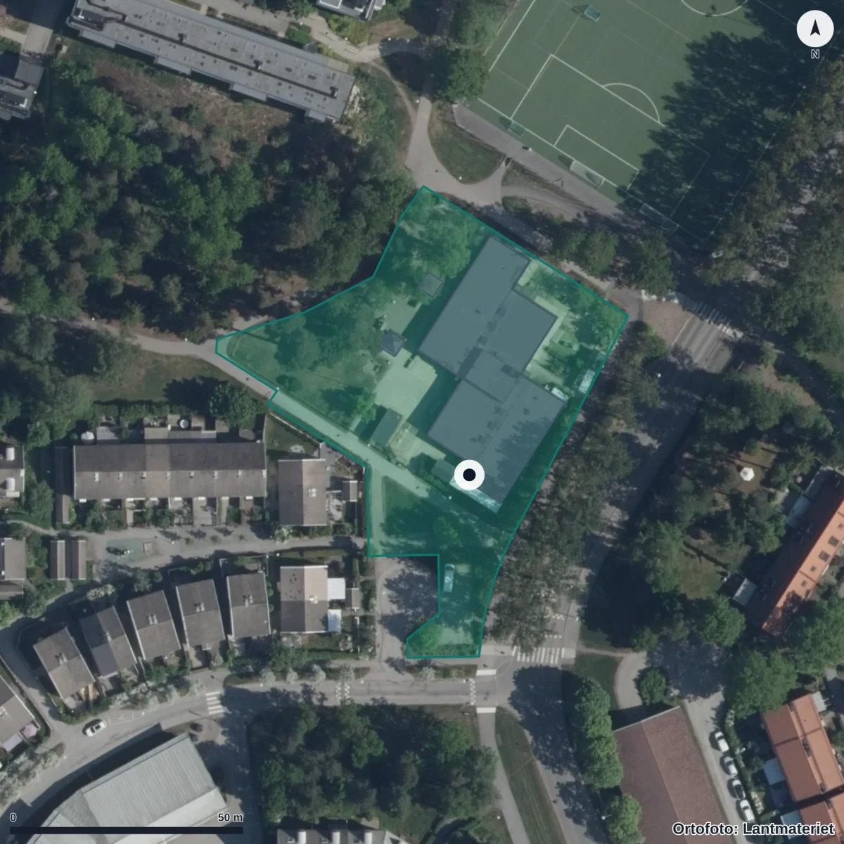 Flygbild över Förskolan Ribegården, ortofoto från Lantmäteriet