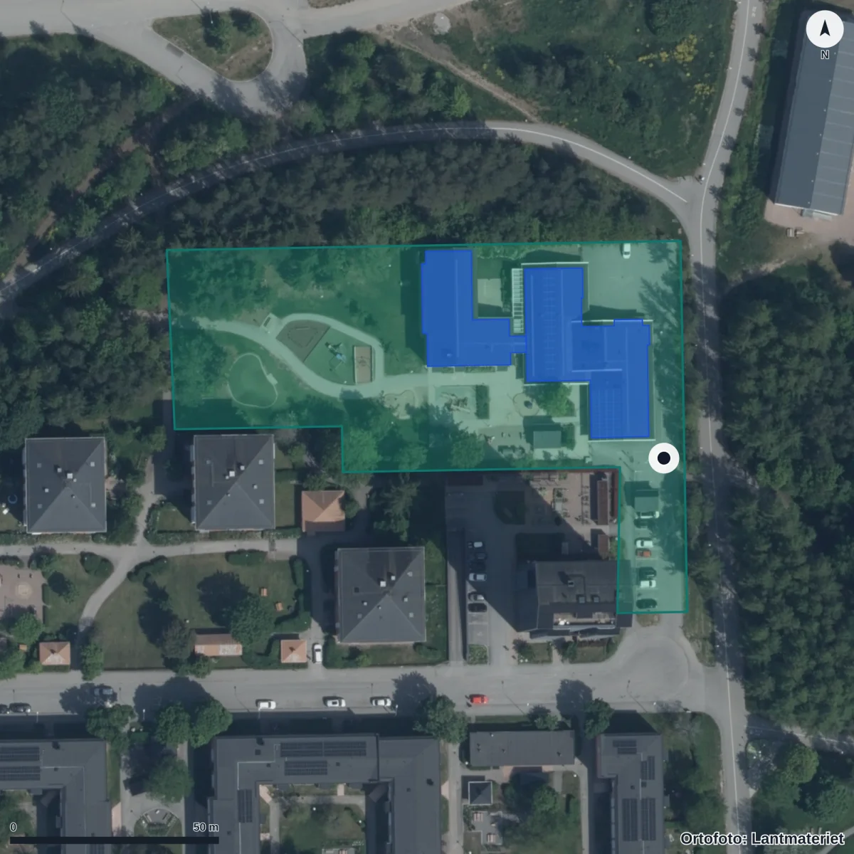 Flygbild över Parkens Förskola, ortofoto från Lantmäteriet