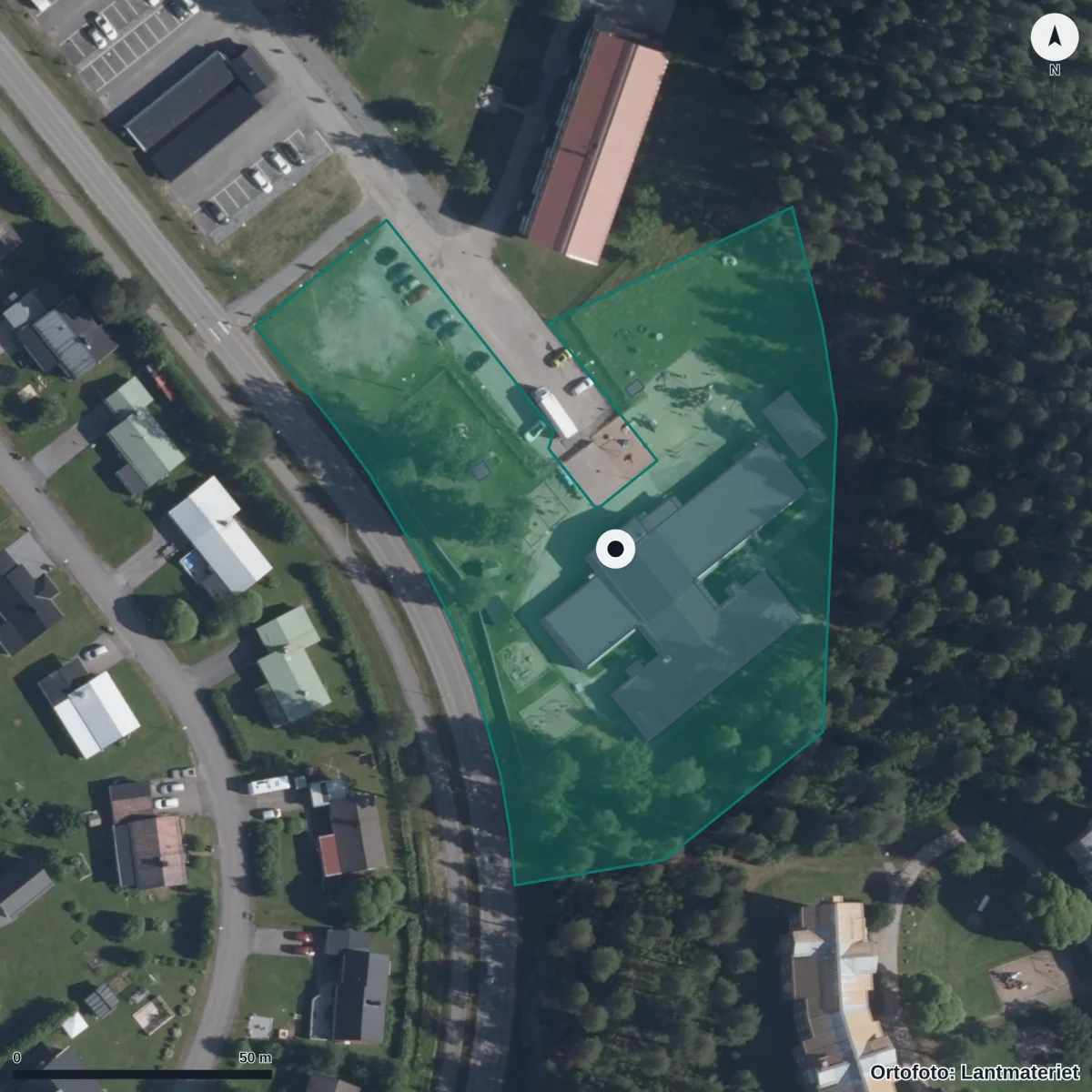 Flygbild över Åsens Förskola, ortofoto från Lantmäteriet