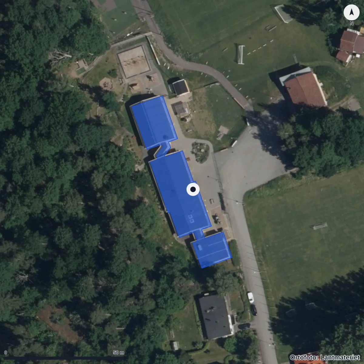 Flygbild över Östra Ryds Förskola, ortofoto från Lantmäteriet