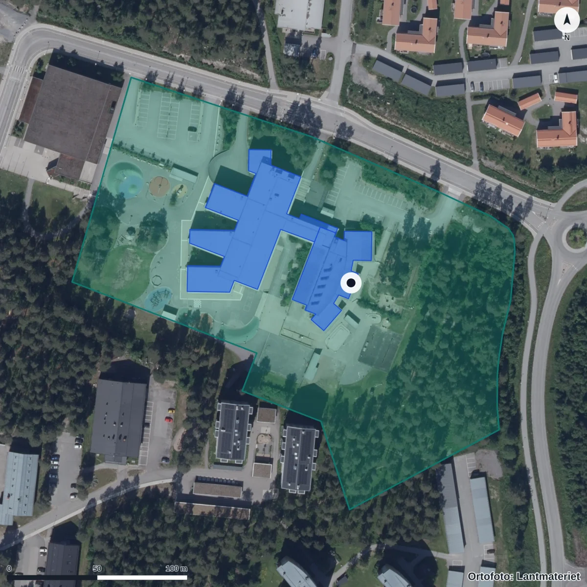 Flygbild över Spira Förskola, ortofoto från Lantmäteriet