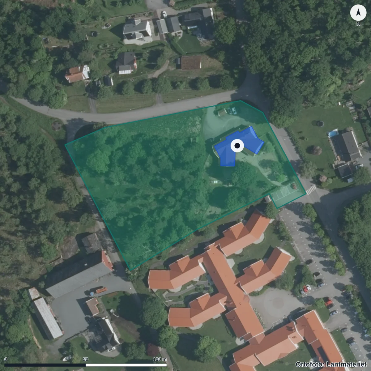 Flygbild över Ramstorps Förskola, ortofoto från Lantmäteriet
