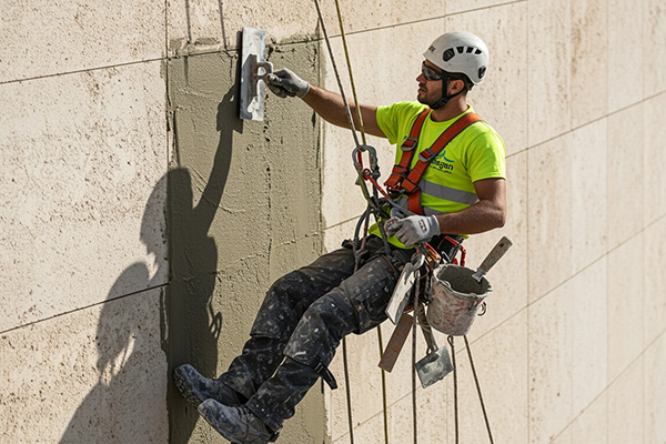Concrete wall showing signs of segregation before and after repair.