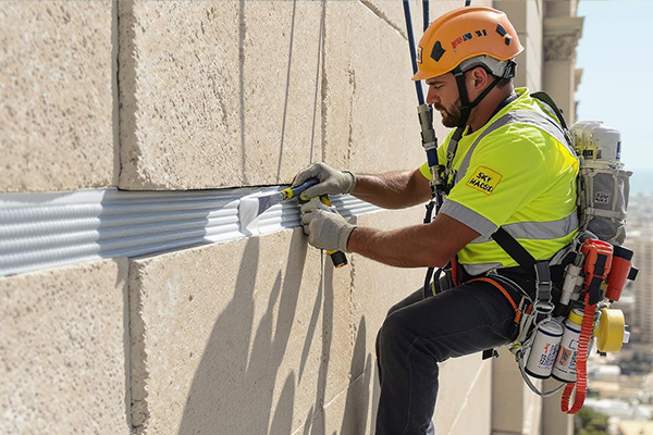 A worker sealing a large expansion joint on a concrete structure.
