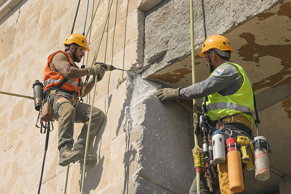 A building undergoing structural rehabilitation with scaffolding.