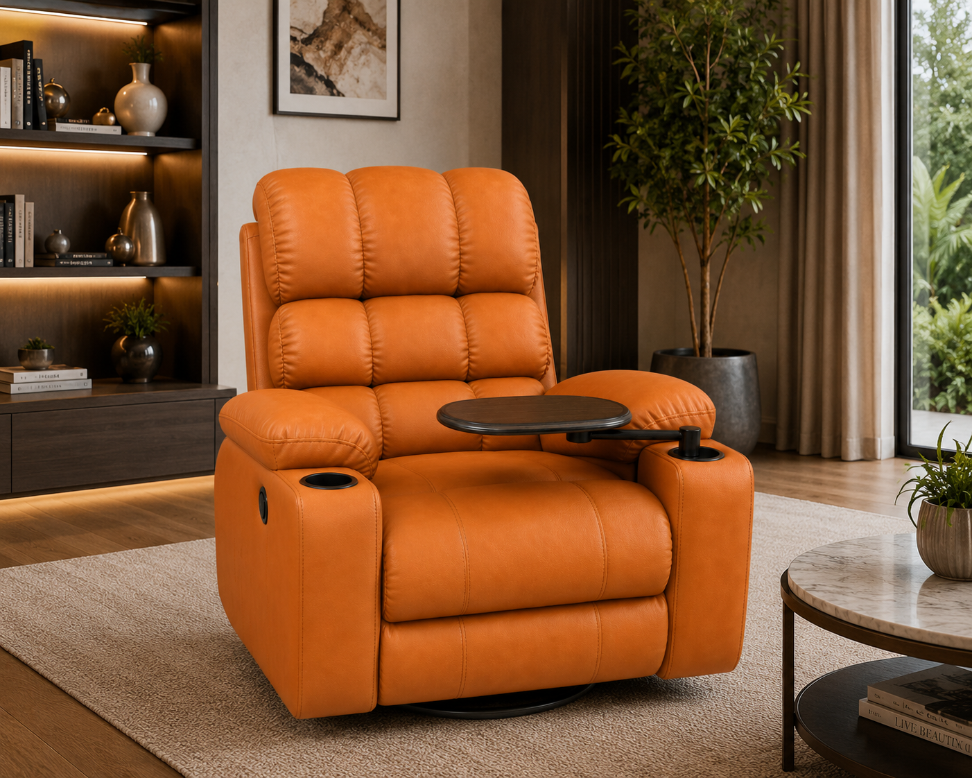 Luxuria Single Seat Motorized Recliner Chair in Rocking & Revolving with glass holder and table trey — Sky Recliners