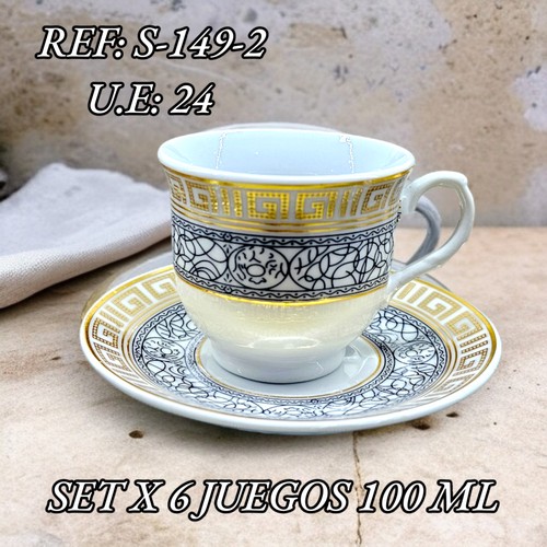 Plato Con Pocillo X 6 Diseño Lineas Negro