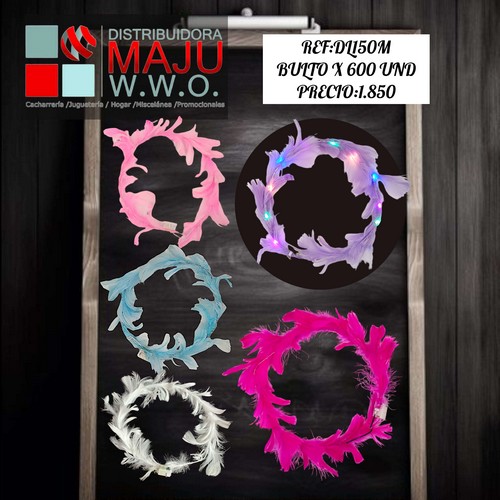 Diadema Con Luz Plumas Colores Bolsa X 10 {