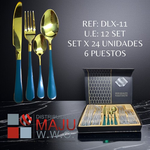 Juego De Cubiertos Dorado Y Verde De 24Pcs