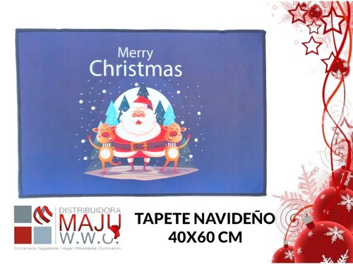 Tapete Navideño Fondo Azul Papa Noel Y Reno