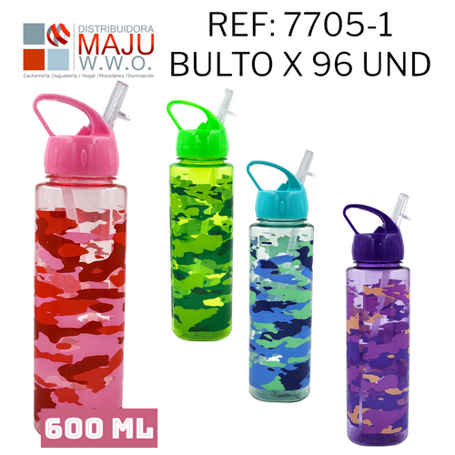 7705-1 Botilo 600Ml Cuadrado Camauflado Colores {D
