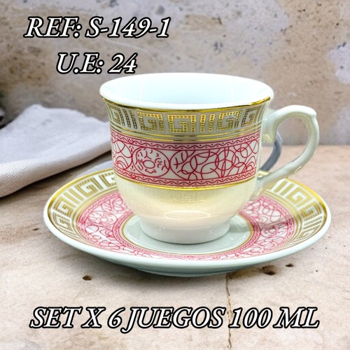 Plato Con Pocillo X 6 Diseño Lineas Rosad