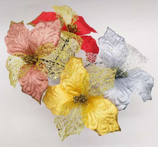 Flor Navideña Escarchada 5 Petalos Tipo Tel