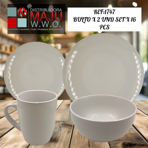 Vajilla Ceramica Blanca De 4 Puestos 16Pcs