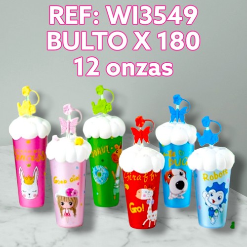Vaso Pitillo 12 Oz Tapa Nube Diseño Animale