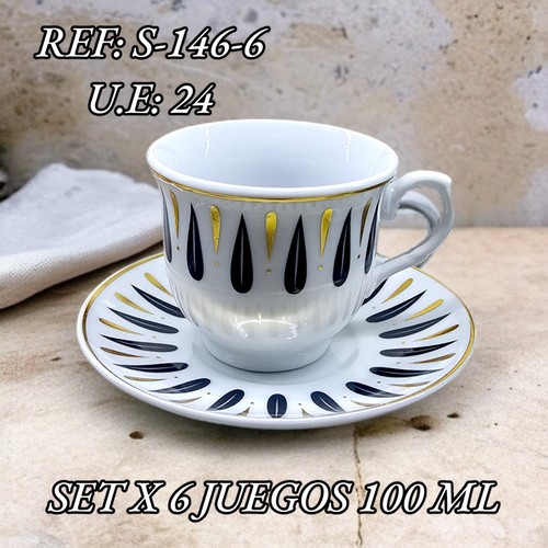 Plato Con Pocillo X 6 Diseño Negro Dorado