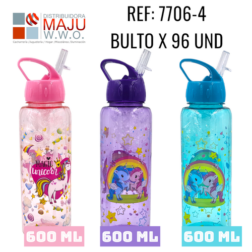 7706-4 Botilo 600Ml Redondo Unicornios Colores {Do