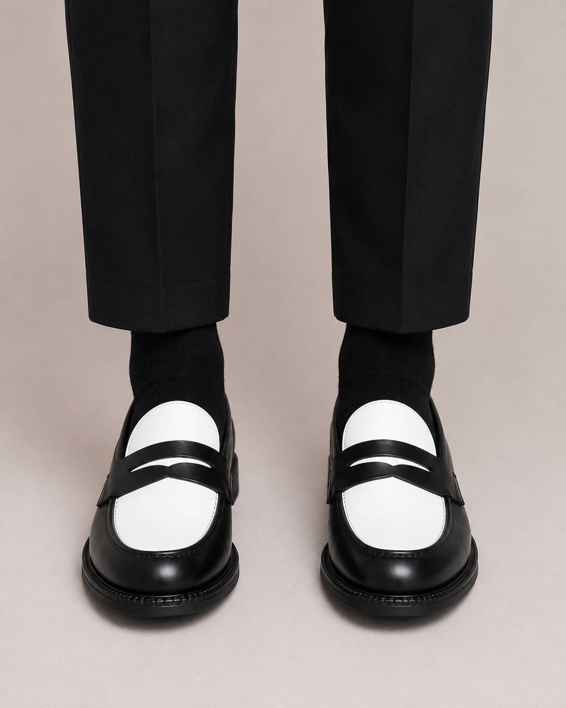 Black and white penny loafer