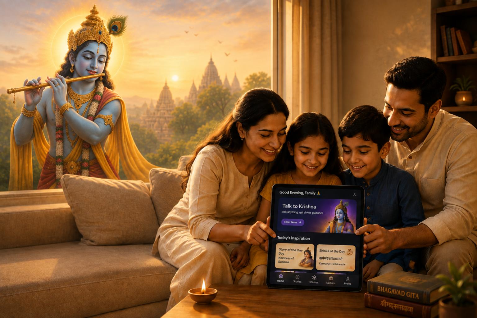 Family enjoying spiritual learning together with Krishna's divine presence