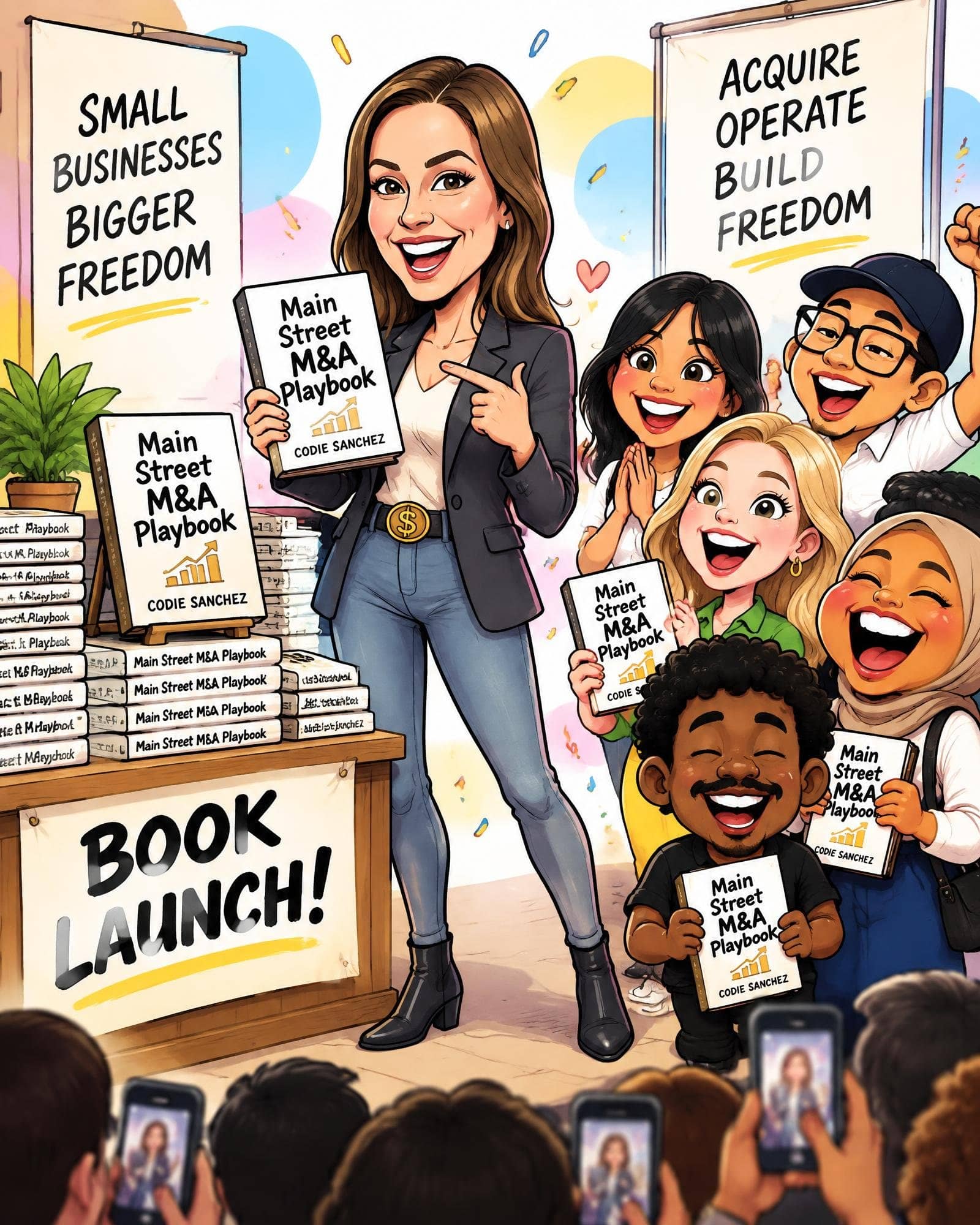 A digital cartoon illustration of Codie Sanchez standing proudly at a book launch event. She wears a dark blazer, jeans with a gold dollar sign belt buckle, and black boots, smiling as she holds up a copy of 'Main Street M&A Playbook by Codie Sanchez'. Beside her, a diverse crowd of cheerful fans hold copies of the book. In the background are banners reading 'Small Businesses Bigger Freedom' and 'Acquire Operate Build Freedom', with stacks of books on a table labeled 'BOOK LAUNCH!' in the foreground as attendees photograph her.