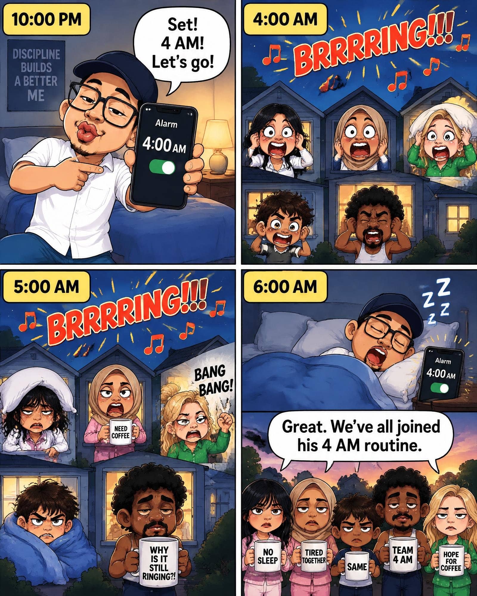A four-panel digital comic. At 10:00 PM, a man proudly sets a 4:00 AM alarm on his phone. At 4:00 AM, the alarm blares loudly, waking shocked neighbors in nearby windows. At 5:00 AM, the alarm continues to ring as exhausted neighbors bang walls and drink coffee. At 6:00 AM, the man sleeps peacefully while the tired neighbors stand outside holding coffee mugs, with one saying, 'Great. We've all joined his 4 AM routine.'