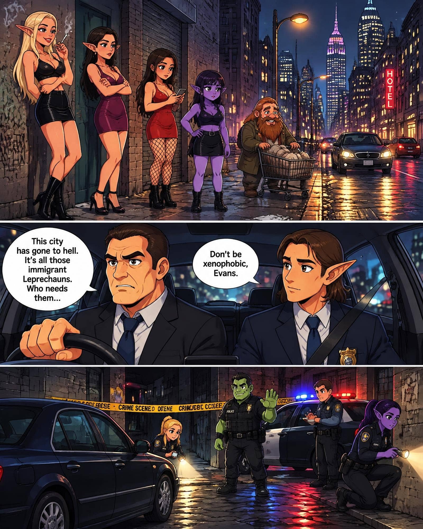 A three-panel digital comic in an anime-influenced art style set in a gritty modern city filled with fantasy creatures. In the top panel, elf women and a purple-skinned creature stand on a sidewalk while a bearded dwarf pushes a shopping cart full of sacks down a street resembling New York City at night. In the middle panel, two detectives sit inside a patrol car; the older human driver says, 'This city has gone to hell. It\'s all those immigrant Leprechauns. Who needs them...', while his passenger, a younger elf detective, replies, 'Don\'t be xenophobic, Evans.' In the bottom panel, officers investigate an alley cordoned off with yellow crime scene tape, featuring a green orc officer waving, a human officer with a notepad, and elf and purple-skinned officers searching the ground with flashlights.