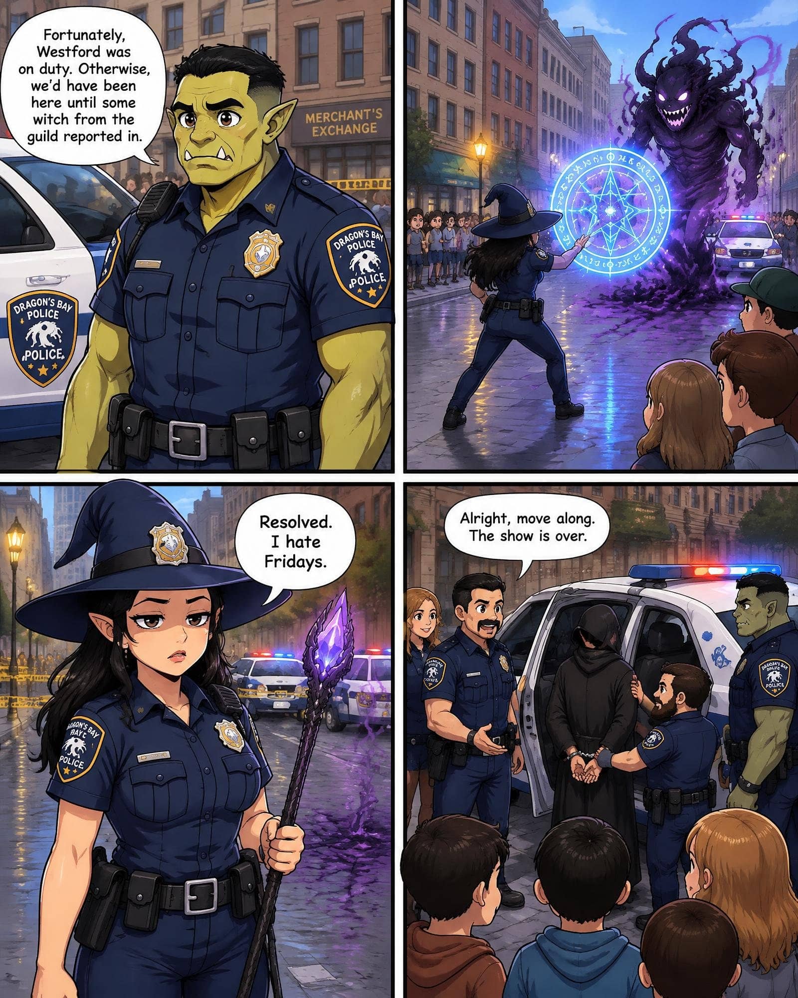 A four-panel digital comic set in a modern fantasy city. In the first panel, an orc police officer from 'Dragon's Bay Police' speaks to the reader, relieved Officer Westford was on shift. In the second panel, a female officer wearing a witch hat confronts a shadowy monster with a glowing blue magic circle. In the third panel, Officer Westford holds a purple crystal staff looking tired, saying, 'Resolved. I hate Fridays.' In the fourth panel, fellow officers arrest a hooded figure in handcuffs, telling the observing crowd to move along.