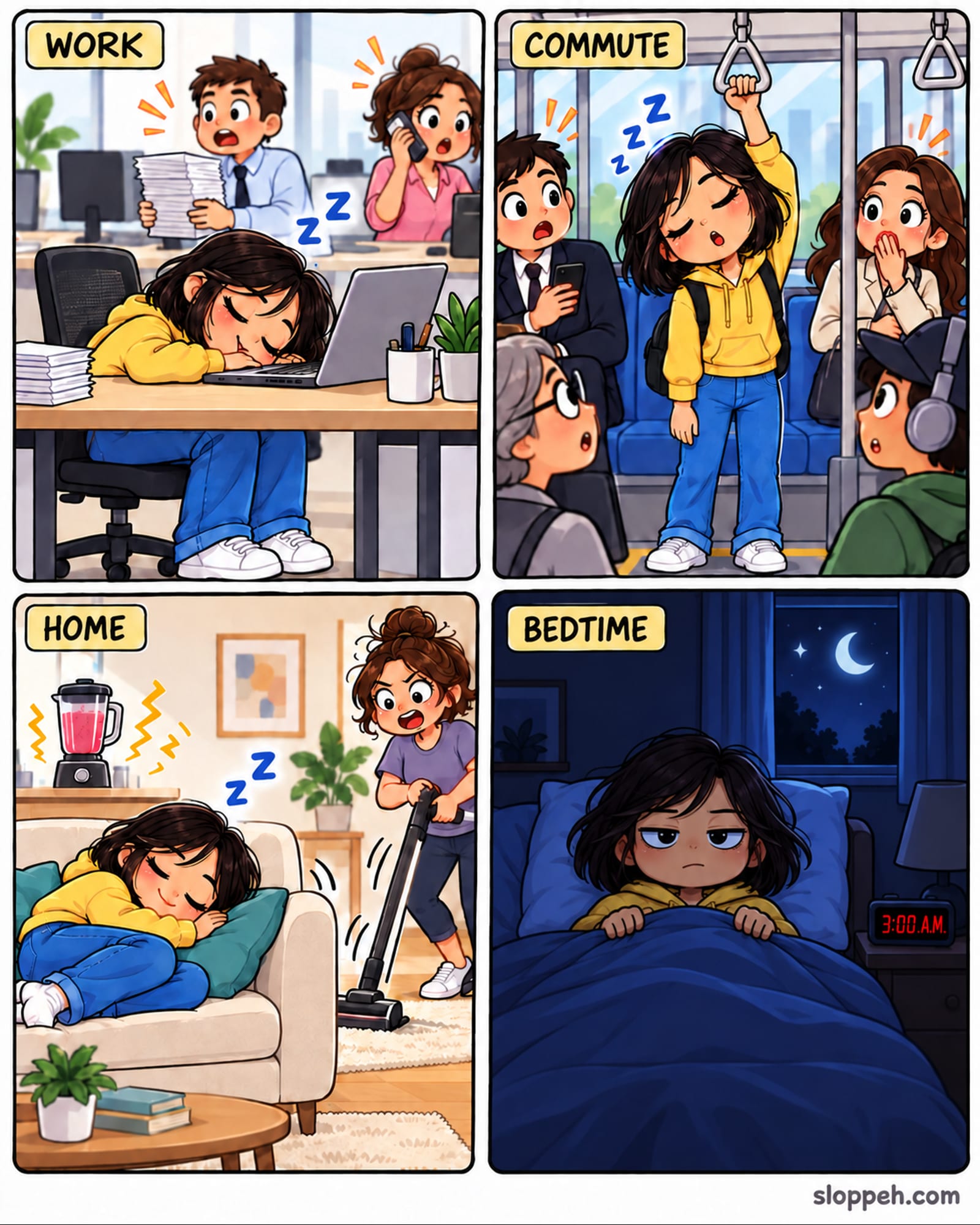 Four-panel cartoon comic featuring the same woman with a short dark bob and yellow hoodie. In Work, she sleeps with her cheek on a laptop keyboard while busy coworkers react. In Commute, she sleeps while standing and holding a bus strap as passengers stare. In Home, she sleeps curled on a sofa beside a running blender while a roommate vacuums. In Bedtime, she lies awake under a dark blue blanket with half-lidded, irritated eyes. The lamp is off, a crescent moon and stars are visible through the window, and the bedside clock reads 3:00 A.M. The watermark sloppeh.com appears at bottom right.